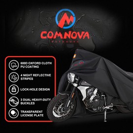 Comnova Motorcycle Cover 81 Inch - 600D Outdoor Moped Cover with Lock Hole Universal Fit, Heavy Duty & Waterproof Motor Cycle Protection for Harley, Honda, Kawasaki, Fit Up to 81" Motorcycles