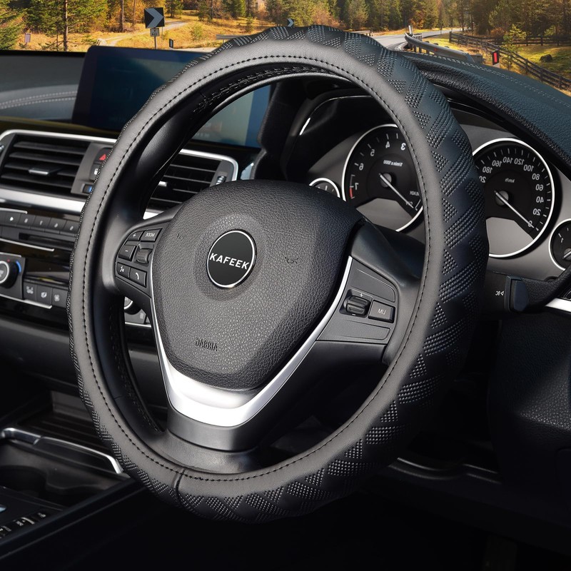 KAFEEK Steering Wheel Cover, Universal 15 inch, Microfiber Leather, Bamboo