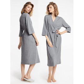 SIORO Cotton Women Robes Kimono Long Bathrobe Knit Summer Fall Bath Robe Lightweight Soft Loungewear Petite Nightdress V-Neck Thin Sleepwear Steel Gray Small