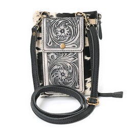 Merbaa Tooled Leather Crossbody Phone Bag – Western Cowhide Mini Purse with Strap – Boho Cowgirl Cell Phone Holder with Floral Embossing – Small Sling Bag for Women
