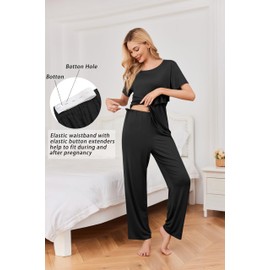 Ekouaer Women's Maternity Nursing Pajamas Sets Short Sleeve Postpartum Pregnancy Pajama for Hospital Breastfeeding PJS with Pants Black Medium