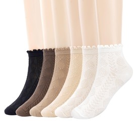 6 Pairs Frilly Socks Women Ruffle Ankle Sock Turn-Cuff Casual Knit Cotton Lettuce Crew Breathable Sock