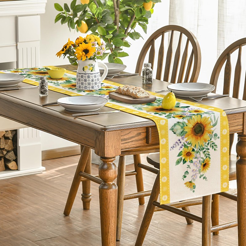Sunflower Leaves Flowers 210 GSM Summer Table Runner, Seasonal Kitchen