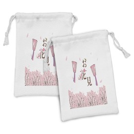 Lunarable Japanese Party Fabric Pouch Set of 2, Cherry Blossom Illustration Traditional Japanese Culture Traits and Items, Small Drawstring Bag for Toiletries Masks and Favors, 9" x 6", Multicolor
