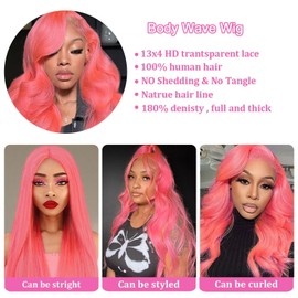 Dorashion 30 Inch Pink Lace Front Wigs Human Hair 13x4 HD Transparent Pink Colored Body Wave Human Hair Lace Front Wigs for Women 180 Density Pre Plcked Lace Frontal Wig with Baby Hair