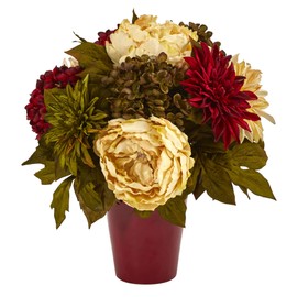 Nearly Natural 14in. Peony, Hydrangea and Dahlia Artificial Arrangement in Burgundy Vase
