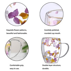 Billowvolve Trockene Blume Doppelwand Glas Kaffeetasse Teetasse Kristall Hitzebeständig mit Löffel, Schöne Teeglas Doppelwandig für Mutter, Oma, Freundin, Schwester