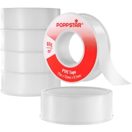 POPPSTAR PTFE Sealing Tape 60 g/m² Teflon Tape Thread Sealing Tape FRp for Fine Thread (Gas & Water Sealing) 12 m x 12 mm x 0.1 mm, 5 Rolls