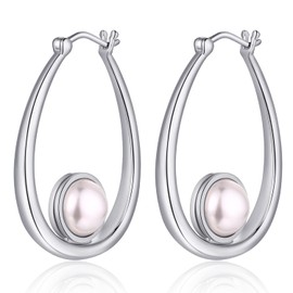 Silver Pearl Earrings for Women Pearl Hoop Earrings Pearl Dangle Earrings Sterling Silver Pearl Earrings Large Pearl Earrings Silver Pearl Hoop Earring Oval Pearl Earring with Pearl Earring