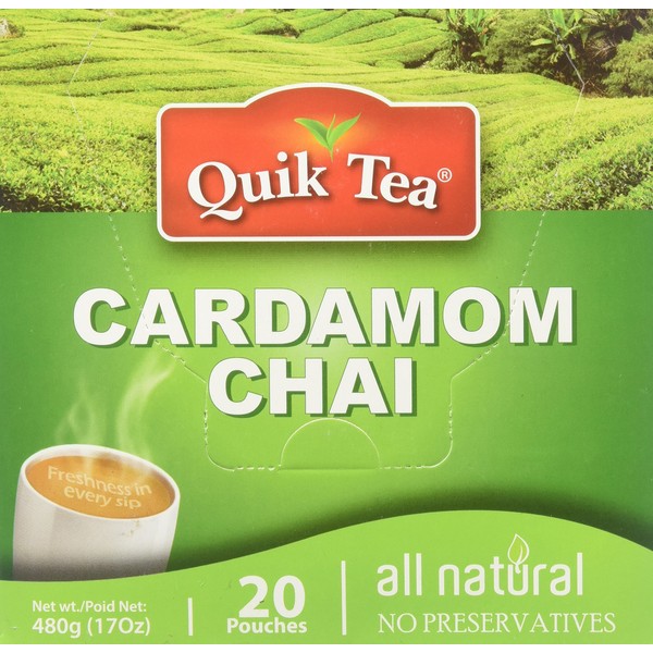 QuikTea Cardamom Instant Chai Tea Latte - 20 Count Single Box - Single Serve Pouches - All Natural & Preservative Free