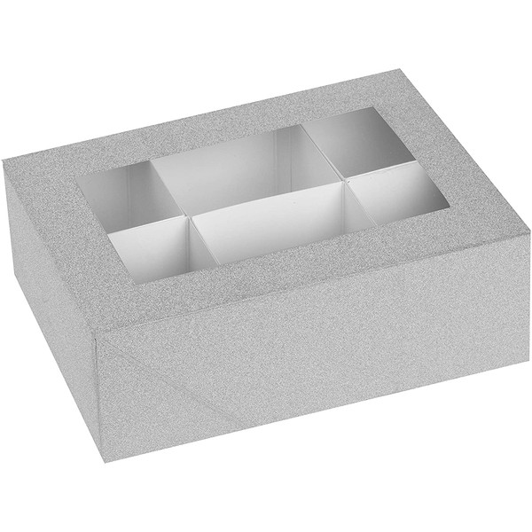 Hammont Window Box with Six Sections - 6 Pack - 7”x5”x2.5” - Silver Colored Unique Design Bakery Boxes Perfect for Sharing Snacks and Cookies | 6 Insert Sections Gift Boxes