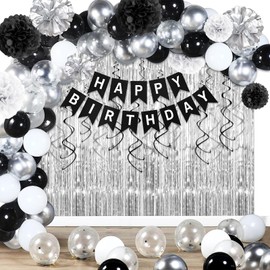 Black and Silver Birthday Decorations for Men, Happy Birthday Banner Fringe Curtains Balloons Tissue Paper Pom Poms Hanging Swirl Birthday Party Décor