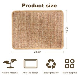 Aililong Cat Scratching Mat, Natural Sisal Mat, 40 x 60 cm, Non-Slip and Wear-resistant Corner Scratching Mat, Cat Scratching Floor, Sisal Rug, Original Colour