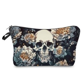 Livel lhood Floral Skull Makeup Bag Cute Small Organizer Zipper Pouch White Floral Skull Cosmetic Bag Gothic Birthday Present for Women Friends