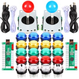 EG STARTS Arcade Classic DIY Kit Teile 2x USB-LED-Encoder zu PC Konsolen Spiele + 2x 4/8 Wege Joystick + 20x 5V beleuchtete Tasten für Mame Jamma (rot / blau Stick + MIX Farbtasten)