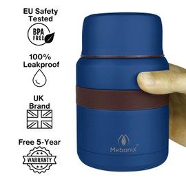 Mebanix Food Flask for Hot Food, Soup | 400ml Stainless Steel Double Walled Vacuum Insulated Leakproof Jar with Folding Spoon | BPA Free | 6 hrs hot 10 hrs cold | For Adults and Kids. Blue.
