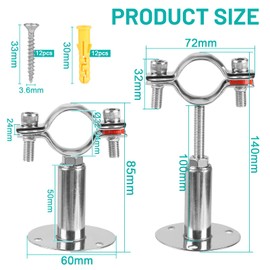 LALAGO 4 x Pipe Bracket Adjustable for Diameter 32-34 mm, Stainless Steel Adjustable Bracket Clamp with 12 Pieces Expansion Screws and Expansion Pipes, Pipe Clamps Ideal for Attaching Pipes or Rods