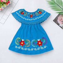 FYMNSI - Vestido mexicano para niñas y bebés, vestido mexicano con bordado floral étnico, vestido casual con volantes para verano y día festivo, Azul, 2-3T
