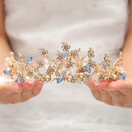 Salliy Baroque Wedding Crown Gold Queen Crystal Bride Tiara Bridal Headpieces Rhinestone Hair Accessories for Women and Girls (F)