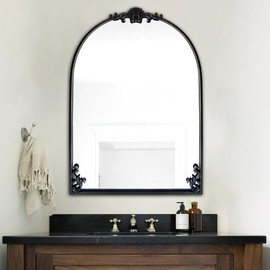 POZINO Black Traditional Arched Mirror, Baroque Inspired Wall Mirror, Ornate Antique Mirrors, Vintage Carved Mantel Mirrors for Bathroom Bedroom Entryway, 24" x36