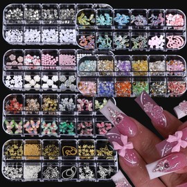 ROFIBUT Nail Charms, Multi Shape Nail Rhinestones Kit 3D Multi Shape Nail Gems Colorful Butterfly Flowers Nail Crystals Flat Back Nail Pearls for Nail Art Supplies DIY Accessories 6 Boxes