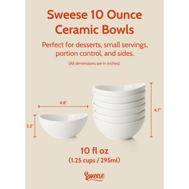 Sweese 10 oz Small White Porcelain Bowls - Set of 6 Dessert, Ice Cream, Snack & Yogurt Bowls, Ceramic Serving Bowls for Rice or Soup