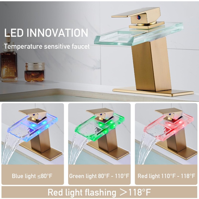 AVSIILE LED Bathroom Sink Faucet, Brushed Gold Waterfall Single Hole