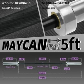 MAYCAN Olympic Barbell straight Bar, 5FT Bearing Barbell Bar Comes with Two Spring Collars Suitable for Weightlifting, Hip Thrusts, Squats and Lunges