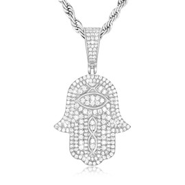 TRIPOD JEWELRY Womens White Real Gold Plated Evil Eye Hamsa Hand Pendant Necklace Iced Out Good Luck Protection Fatima Pendants Chain for Teens Mens(White gold, 22inch)