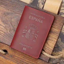 Porta pasaporte español, portadocumentos de piel vaca, tarjetero retro for tarjetas embarque, juego libreta for, funda for Diseño compacto(Red)