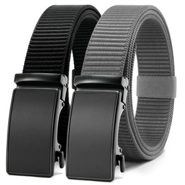 CHAOREN Black and Grey Ratchet Belts for Men 2 Pack - Casual Web Nylon Mens Belt 1 3/8" - Automatic Adjustable Buckle Fit Jeans