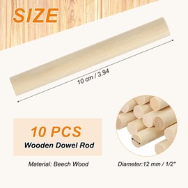 PATIKIL 1/2 x 4 Inch Wooden Dowel Rod 10 Pcs Wood Dowels for Craft, Natural Color