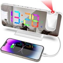 Hanaix Projection Alarm Clock for Bedrooms Ceiling,7.3" Digital Clock Large Display Mirror Screen,11 Colors RGB Clock with 180° Rotatable Projector,5 Auto Dimmer,12/24h, Snooze,Dual Alarm