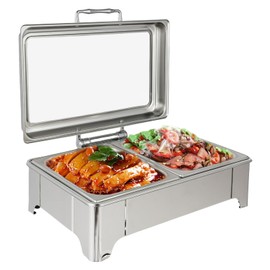 Commercial Electric Chafing Dish Warmer Food Warmer Buffet Server Electric Catering Chafing Dishes 400W 9.5Qt 2-Pan Stainless Steel Chafer Dish with Glass Lid for Parties, Catering, Events