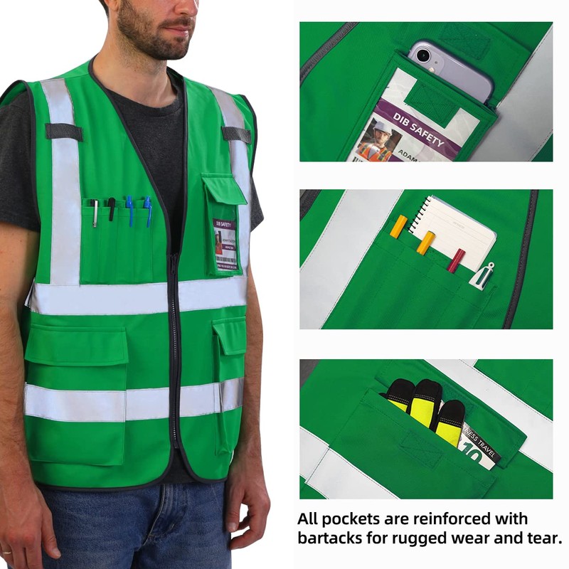 Dib Safety Reflective Vest High Visibility with Pockets and Zipper,