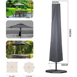 RICHIE Garden Parasol Cover for Garden Umbrella Covers Fit 2.5 to 4m Diameter Parasols 190x25x50cm Waterproof 600D Oxford PVC Coating with Heavy-duty Zip and Adjustable Drawstring Cord at Bottom, Grey