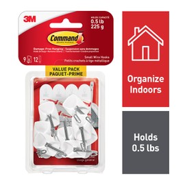 Command Wire Hooks Value Pack, Small Wall Hook, White, 9 Hooks 12 Small Command Strips