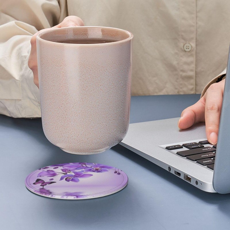 Famame 6 Pcs Orchid Purple Butterfly Leather Coasters for Drinks