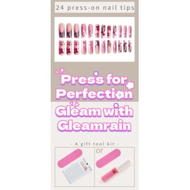Gleamrain Red Long Square Press on Nails with French Tip and Flower Design for Women 24pcs