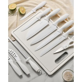 EUNA Knife Block Set, 19 PCS White Kitchen Knife Set with Acrylic Block and Sharpener, German High-Carbon Stainless Steel Knife Sets with 6 Serrated Steak Knives, Chef Knife, Dishwasher Safe