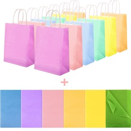 Larcenciel 12 Pcs Gift Bags with Tissue Paper, 6 Colors Paper Bags with Handles, Rainbow Party Favor Bags Candy Bags Treat Bags Goodie Bags for Party, Gift Wraps, Birthday, Wedding,Baby Shower (Small)