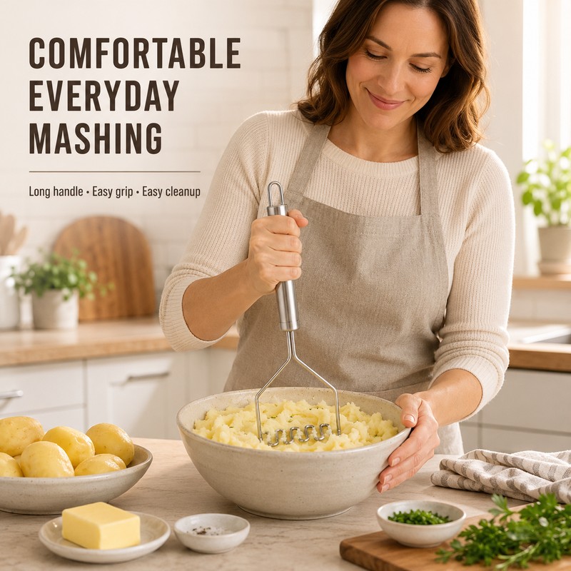 Stainless Steel Potato Masher for Kitchen Prep – Manual Food