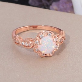 CiNily Opal Rings for Women-18K Rose Gold Plated White Fire Opal Zirconia Women Jewelry Gemstone Engagement Anniversary Ring Size 8