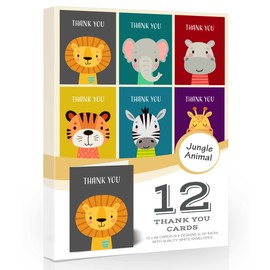Olivia Samuel 12 x Kids Thank You Cards from Eco Friendly Pack of Jungle Animal Designs with White envelopes