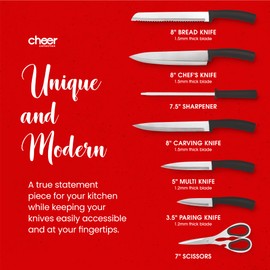 Cheer Collection Chef Knife Set (7 Piece) with Rotating Stand - Sharp Serrated and Standard Blades - Professional Kitchen Knives with Swivel Display Stand