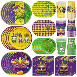 Ertyjikg Mardi Gras Party Supplies 120pcs Disposable Mardi Gras Mask Paper Plates and Napkins for Mardi Gras Masquerade Party Decorations Cups for Mardi Gras Carnival Party Supplies, Serve 30