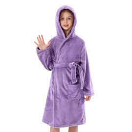 V.&GRIN Girls Fleece Robe, Hooded Toddler Soft Fuzzy Bathrobe for Kids 3-14 Years（Lavender Purple 9-10