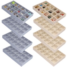 JWELRY TAYS 18 GRIDS LARGE Set of 8 Earring Organizer 144 Grid Jewelry Trays Stackable Velvet Jewelry Dresser Drawer Organizer Removable Display Tray for Necklace Earring Ring