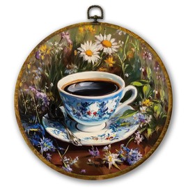 Mcehtle Vintage Coffee Floral Wall Art Decor, Retro Country Botanical Coffee Cup Framed Canvas Prints 10x10, Rustic Wildflower Round Wall Hanging Artwork Decorations for Kitchen Dining Room