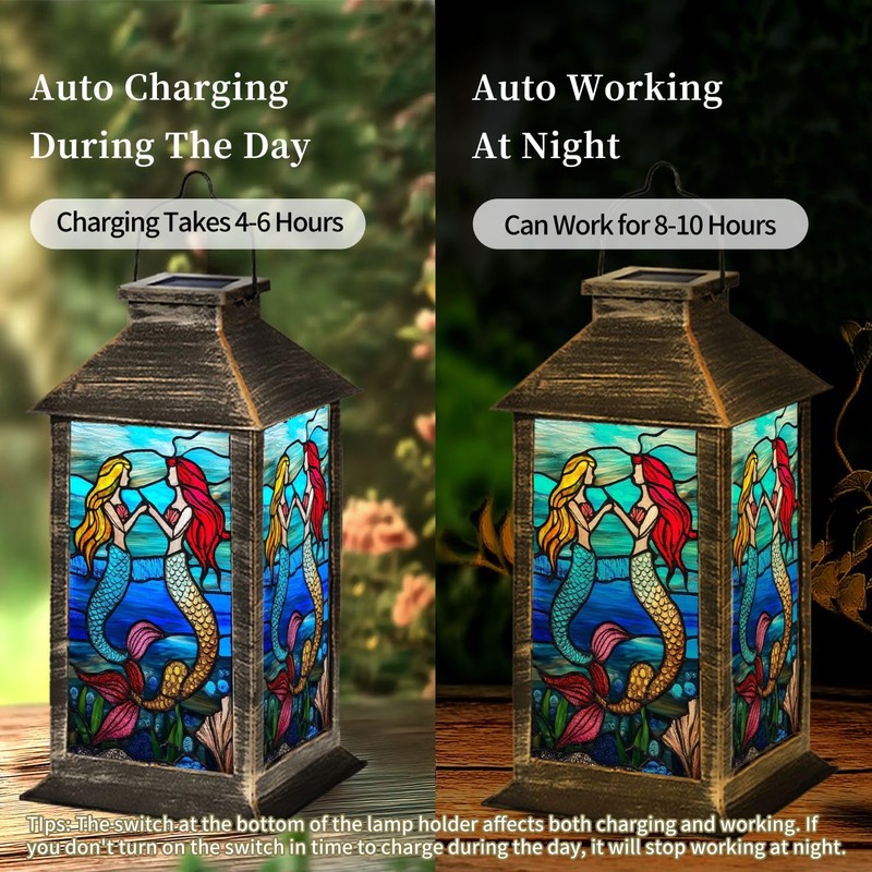 Solar Lantern Stained Glass Window Panel Mermaids Ocean Waves Shells